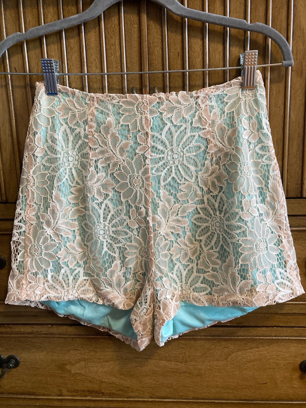 MAIN STRIP Cream Lace with Mint Lining High-Waist Zip Back Dressy Shorts